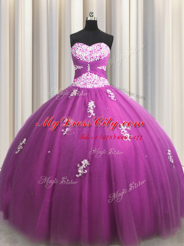 Sexy Fuchsia Ball Gowns Tulle Sweetheart Sleeveless Beading and Appliques Floor Length Lace Up Sweet 16 Dresses