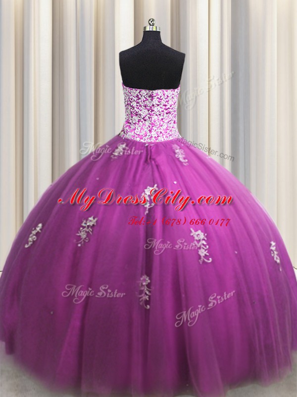 Sexy Fuchsia Ball Gowns Tulle Sweetheart Sleeveless Beading and Appliques Floor Length Lace Up Sweet 16 Dresses