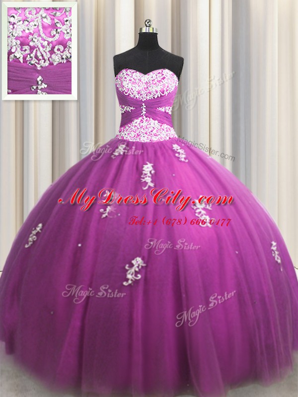 Sexy Fuchsia Ball Gowns Tulle Sweetheart Sleeveless Beading and Appliques Floor Length Lace Up Sweet 16 Dresses