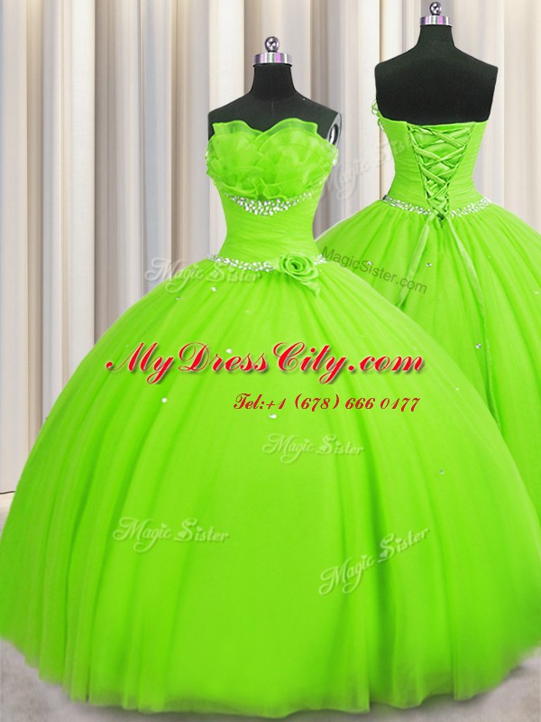 Handcrafted Flower Floor Length Quinceanera Dresses Tulle Sleeveless Beading and Sequins and Hand Made Flower