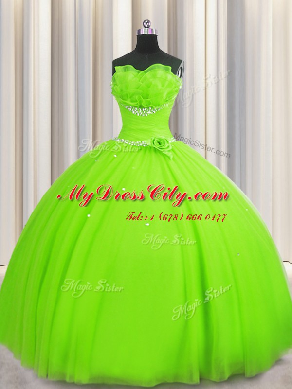 Handcrafted Flower Floor Length Quinceanera Dresses Tulle Sleeveless Beading and Sequins and Hand Made Flower