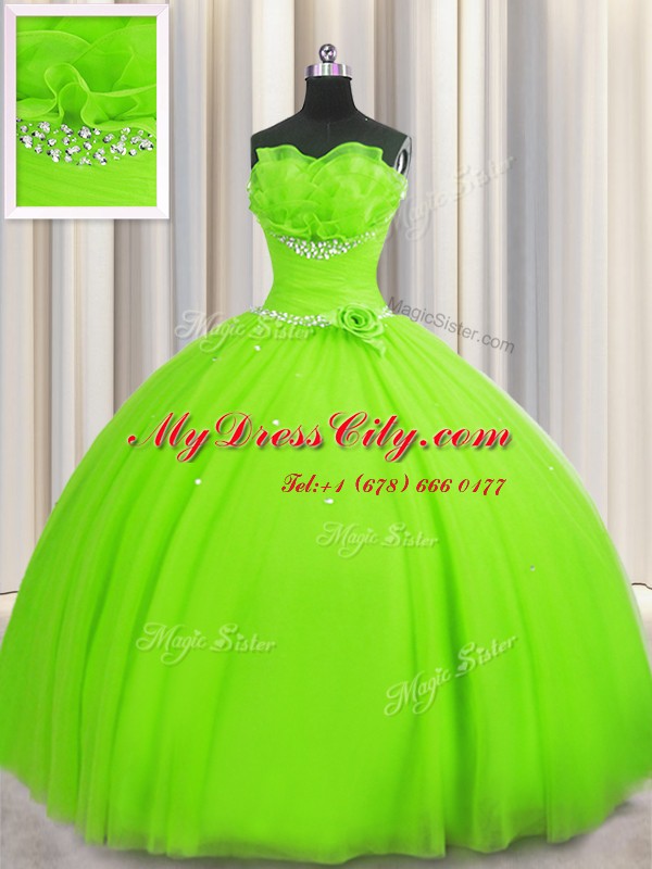 Handcrafted Flower Floor Length Quinceanera Dresses Tulle Sleeveless Beading and Sequins and Hand Made Flower