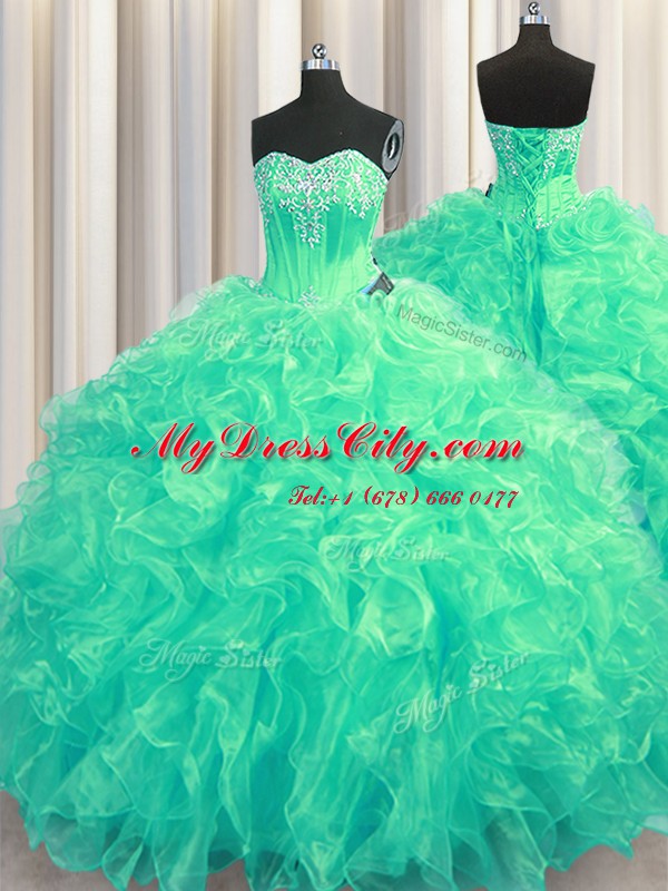 Turquoise Organza Lace Up Quinceanera Dress Sleeveless Brush Train Beading and Ruffles