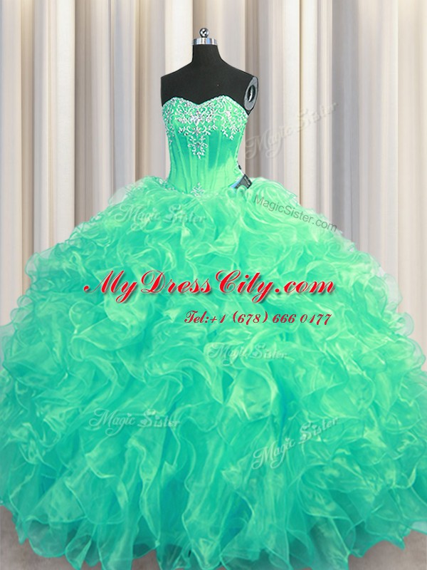 Turquoise Organza Lace Up Quinceanera Dress Sleeveless Brush Train Beading and Ruffles