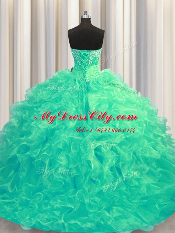 Turquoise Organza Lace Up Quinceanera Dress Sleeveless Brush Train Beading and Ruffles