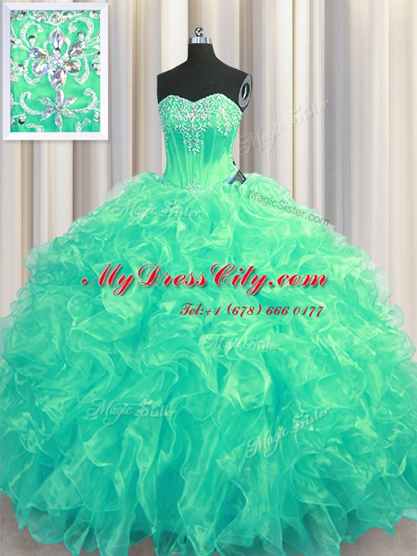 Turquoise Organza Lace Up Quinceanera Dress Sleeveless Brush Train Beading and Ruffles