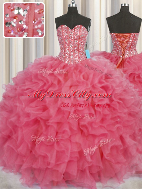 Pretty Visible Boning Ball Gowns Ball Gown Prom Dress Coral Red Sweetheart Organza Sleeveless Floor Length Lace Up