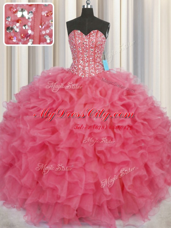 Pretty Visible Boning Ball Gowns Ball Gown Prom Dress Coral Red Sweetheart Organza Sleeveless Floor Length Lace Up