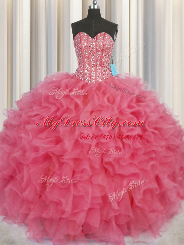 Pretty Visible Boning Ball Gowns Ball Gown Prom Dress Coral Red Sweetheart Organza Sleeveless Floor Length Lace Up