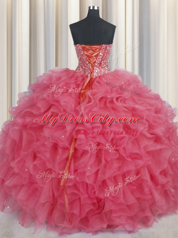 Pretty Visible Boning Ball Gowns Ball Gown Prom Dress Coral Red Sweetheart Organza Sleeveless Floor Length Lace Up