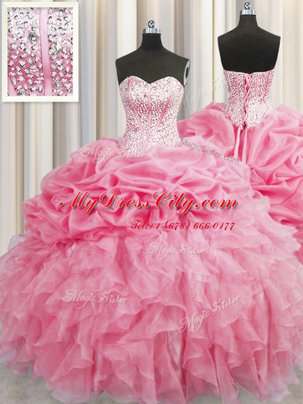 Visible Boning Rose Pink Sleeveless Floor Length Beading and Ruffles Lace Up Sweet 16 Quinceanera Dress