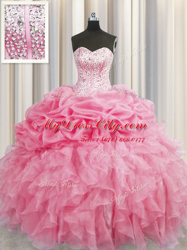 Visible Boning Rose Pink Sleeveless Floor Length Beading and Ruffles Lace Up Sweet 16 Quinceanera Dress