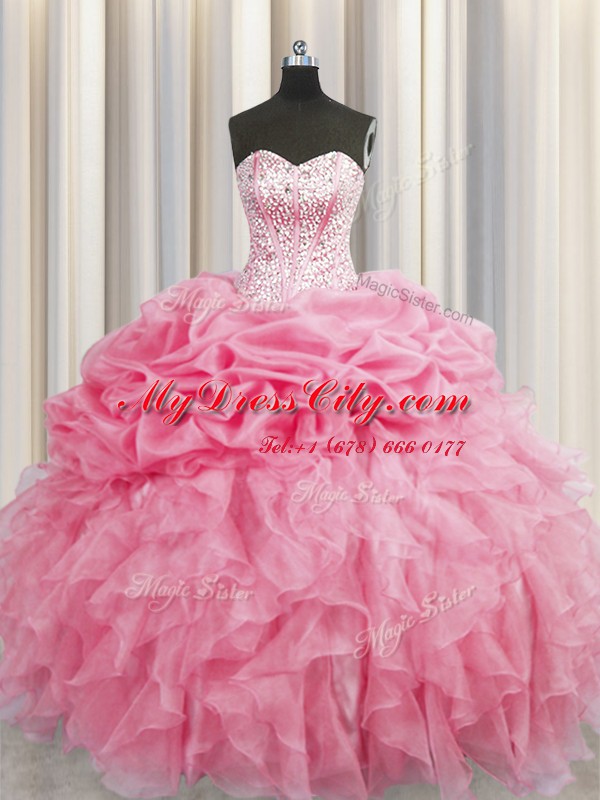 Visible Boning Rose Pink Sleeveless Floor Length Beading and Ruffles Lace Up Sweet 16 Quinceanera Dress