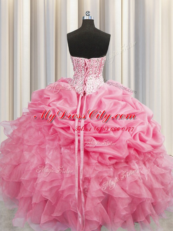 Visible Boning Rose Pink Sleeveless Floor Length Beading and Ruffles Lace Up Sweet 16 Quinceanera Dress