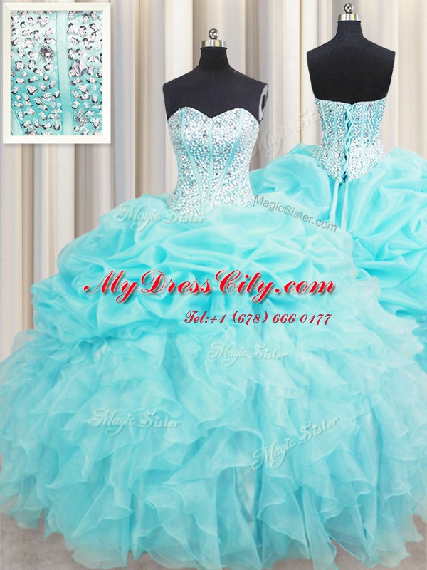 Comfortable Pick Ups Visible Boning Aqua Blue Sleeveless Organza Lace Up Sweet 16 Dresses for Military Ball and Sweet 16 and Quinceanera