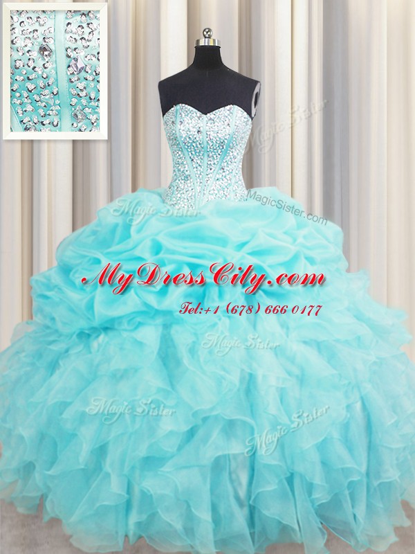 Comfortable Pick Ups Visible Boning Aqua Blue Sleeveless Organza Lace Up Sweet 16 Dresses for Military Ball and Sweet 16 and Quinceanera