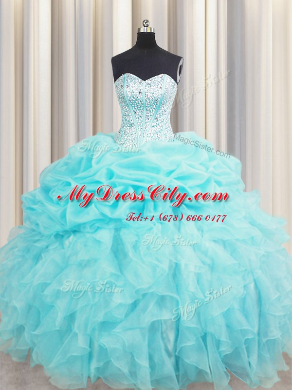 Comfortable Pick Ups Visible Boning Aqua Blue Sleeveless Organza Lace Up Sweet 16 Dresses for Military Ball and Sweet 16 and Quinceanera