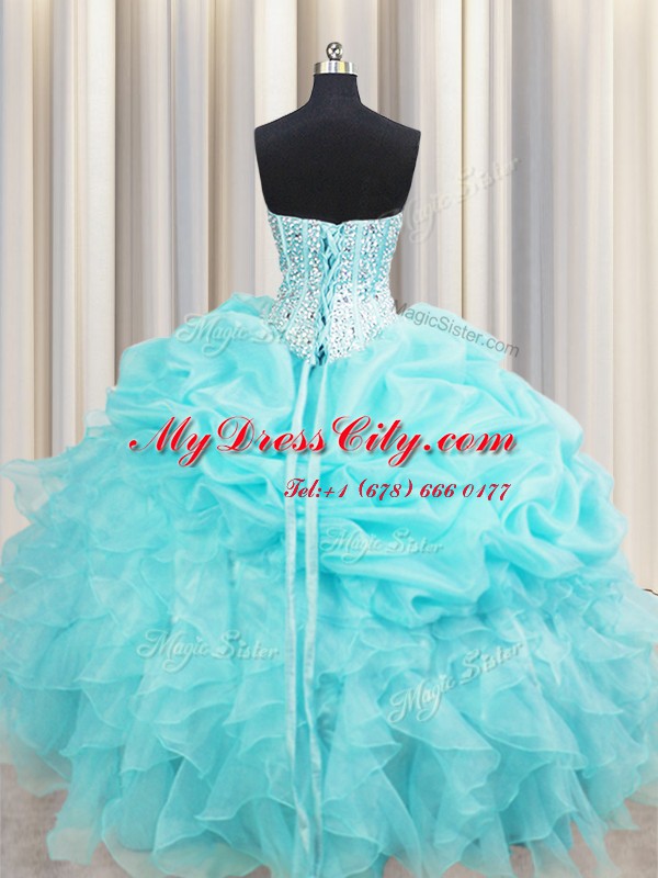 Comfortable Pick Ups Visible Boning Aqua Blue Sleeveless Organza Lace Up Sweet 16 Dresses for Military Ball and Sweet 16 and Quinceanera