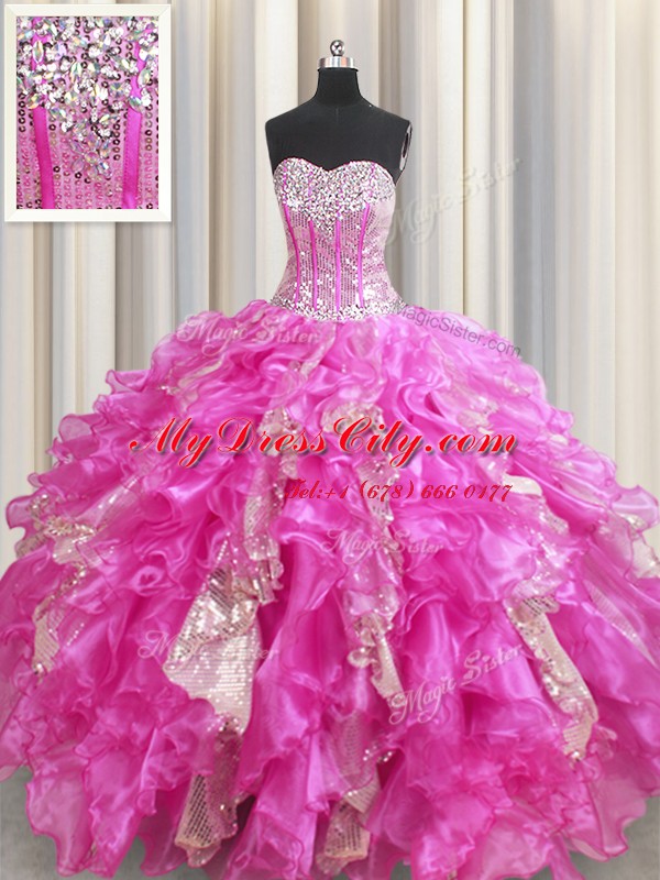 Smart Visible Boning Beading and Ruffles and Sequins Quinceanera Dresses Fuchsia Lace Up Sleeveless Floor Length