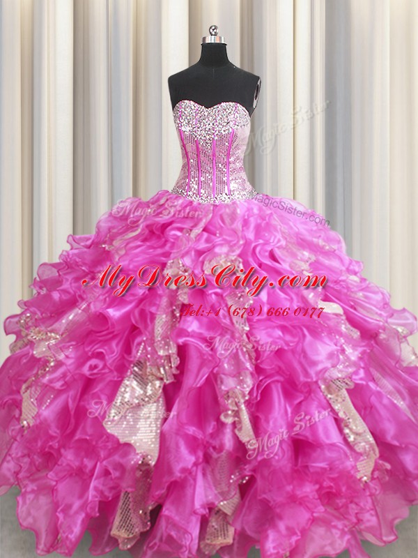 Smart Visible Boning Beading and Ruffles and Sequins Quinceanera Dresses Fuchsia Lace Up Sleeveless Floor Length