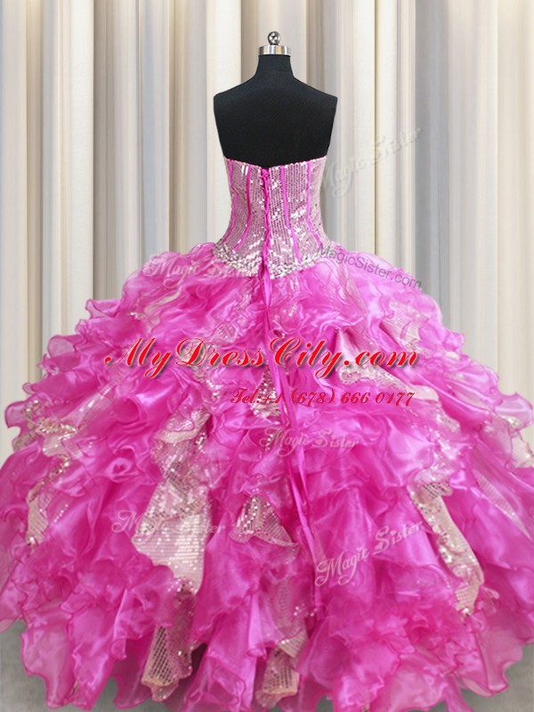 Smart Visible Boning Beading and Ruffles and Sequins Quinceanera Dresses Fuchsia Lace Up Sleeveless Floor Length