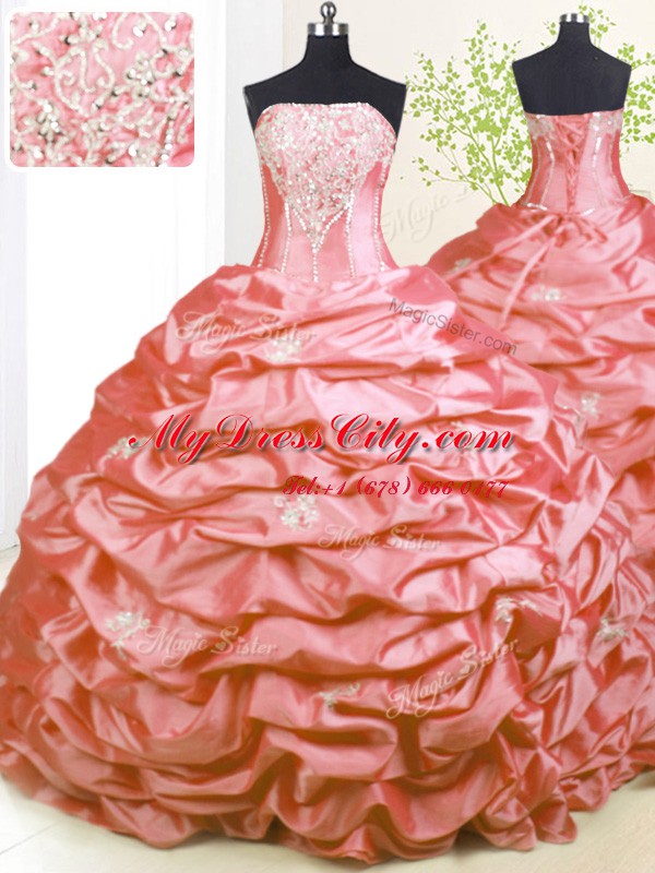 Fantastic Beading and Pick Ups Sweet 16 Quinceanera Dress Pink Lace Up Sleeveless With Train Sweep Train