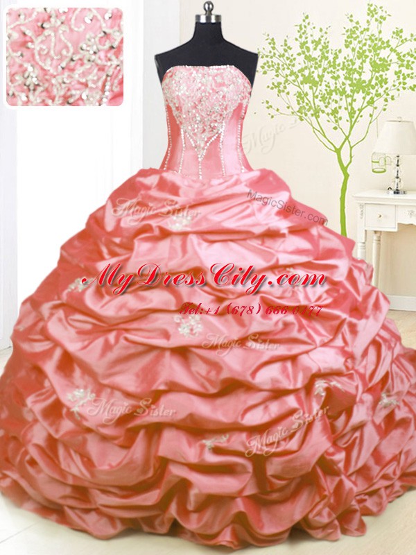 Fantastic Beading and Pick Ups Sweet 16 Quinceanera Dress Pink Lace Up Sleeveless With Train Sweep Train