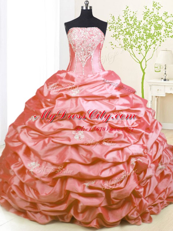 Fantastic Beading and Pick Ups Sweet 16 Quinceanera Dress Pink Lace Up Sleeveless With Train Sweep Train