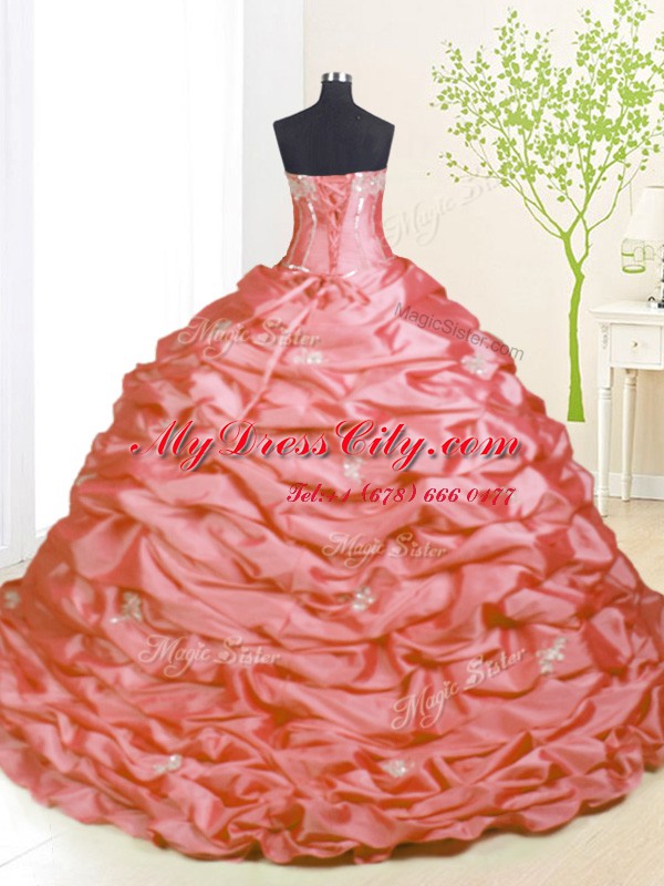 Fantastic Beading and Pick Ups Sweet 16 Quinceanera Dress Pink Lace Up Sleeveless With Train Sweep Train