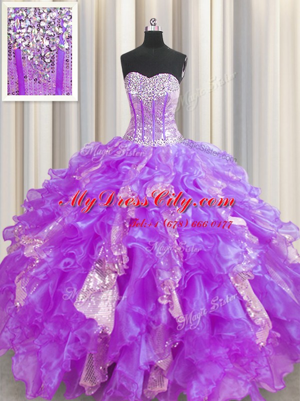 Customized Visible Boning Beading and Ruffles and Sequins Quinceanera Dresses Lavender Lace Up Sleeveless Floor Length