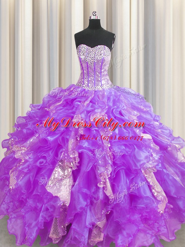 Customized Visible Boning Beading and Ruffles and Sequins Quinceanera Dresses Lavender Lace Up Sleeveless Floor Length