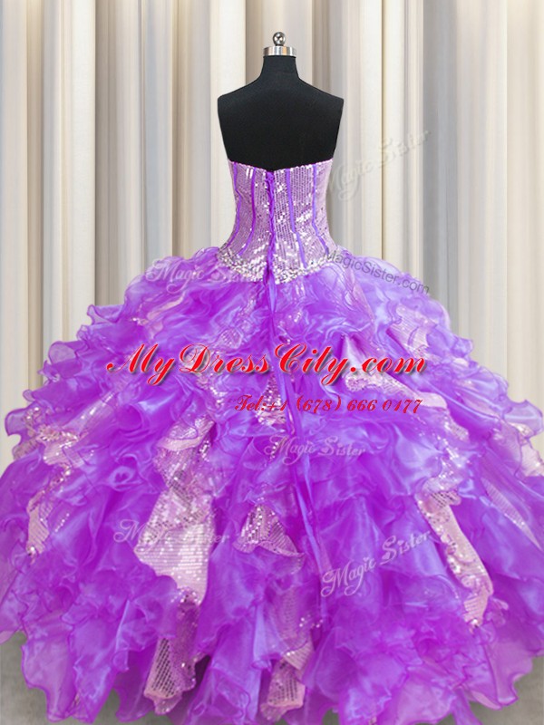 Customized Visible Boning Beading and Ruffles and Sequins Quinceanera Dresses Lavender Lace Up Sleeveless Floor Length