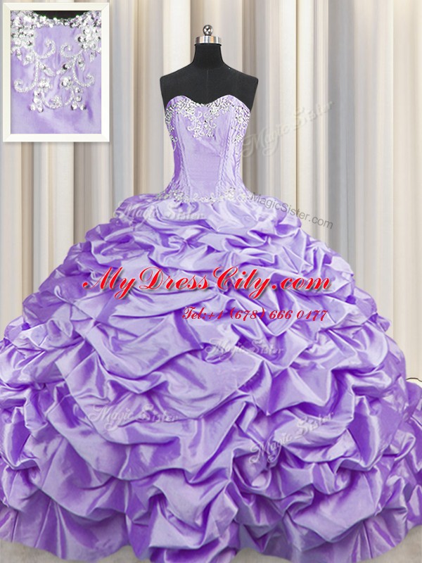 Hot Sale Brush Train Lavender Lace Up Sweetheart Beading and Pick Ups 15 Quinceanera Dress Taffeta Sleeveless Sweep Train