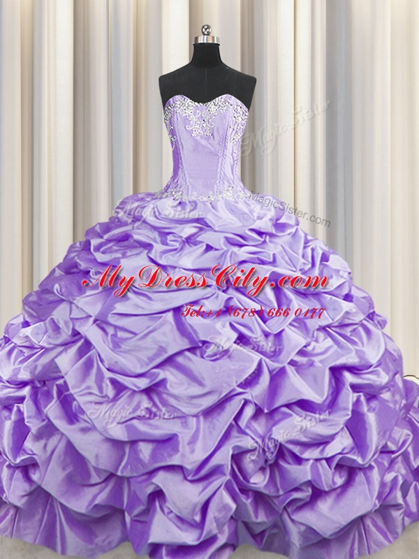 Hot Sale Brush Train Lavender Lace Up Sweetheart Beading and Pick Ups 15 Quinceanera Dress Taffeta Sleeveless Sweep Train