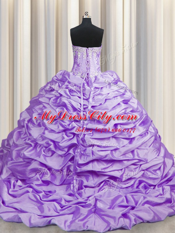 Hot Sale Brush Train Lavender Lace Up Sweetheart Beading and Pick Ups 15 Quinceanera Dress Taffeta Sleeveless Sweep Train