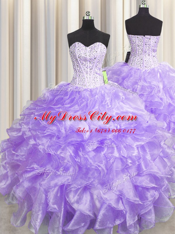 Low Price Visible Boning Zipper Up Lavender Sleeveless Floor Length Beading and Ruffles Zipper Quinceanera Gowns