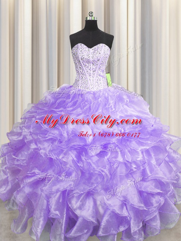 Low Price Visible Boning Zipper Up Lavender Sleeveless Floor Length Beading and Ruffles Zipper Quinceanera Gowns