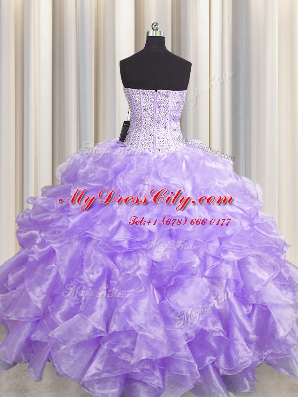 Low Price Visible Boning Zipper Up Lavender Sleeveless Floor Length Beading and Ruffles Zipper Quinceanera Gowns