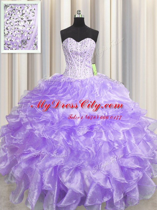 Low Price Visible Boning Zipper Up Lavender Sleeveless Floor Length Beading and Ruffles Zipper Quinceanera Gowns