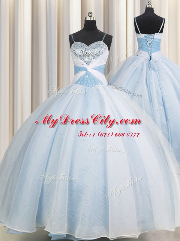 Customized Spaghetti Straps Sleeveless Organza Floor Length Lace Up Quinceanera Gown in Light Blue with Beading and Ruching