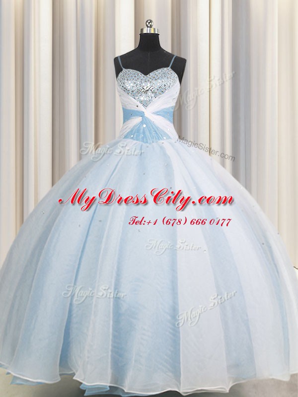 Customized Spaghetti Straps Sleeveless Organza Floor Length Lace Up Quinceanera Gown in Light Blue with Beading and Ruching