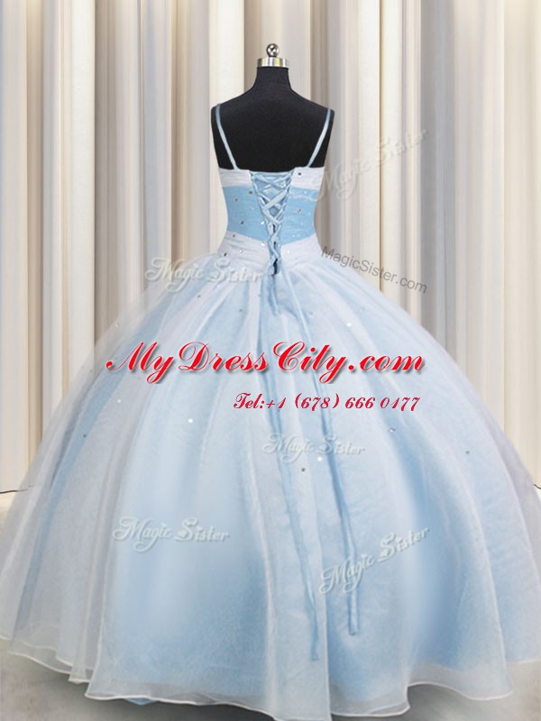 Customized Spaghetti Straps Sleeveless Organza Floor Length Lace Up Quinceanera Gown in Light Blue with Beading and Ruching