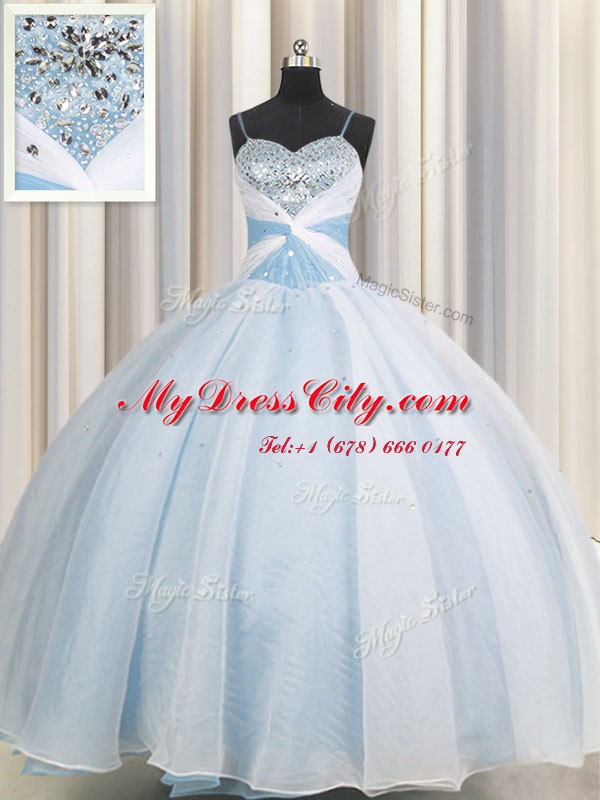 Customized Spaghetti Straps Sleeveless Organza Floor Length Lace Up Quinceanera Gown in Light Blue with Beading and Ruching