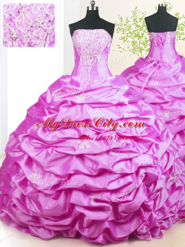 Top Selling Sweep Train Lilac Ball Gowns Beading and Pick Ups Quinceanera Gowns Lace Up Taffeta Sleeveless With Train