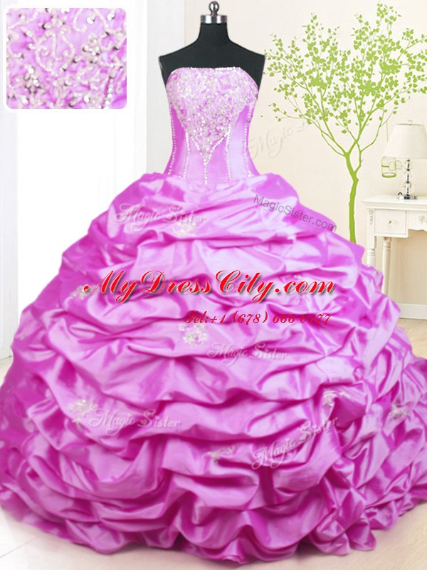 Top Selling Sweep Train Lilac Ball Gowns Beading and Pick Ups Quinceanera Gowns Lace Up Taffeta Sleeveless With Train