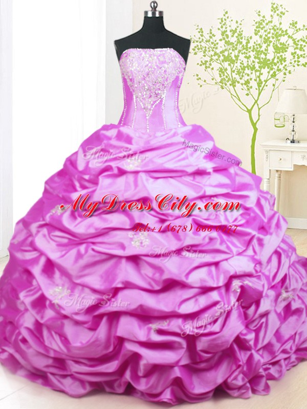 Top Selling Sweep Train Lilac Ball Gowns Beading and Pick Ups Quinceanera Gowns Lace Up Taffeta Sleeveless With Train