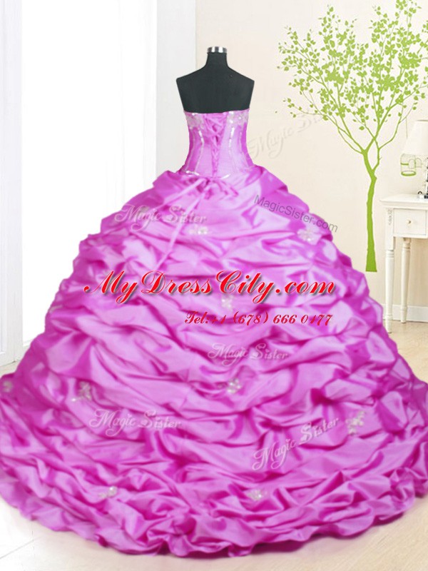 Top Selling Sweep Train Lilac Ball Gowns Beading and Pick Ups Quinceanera Gowns Lace Up Taffeta Sleeveless With Train