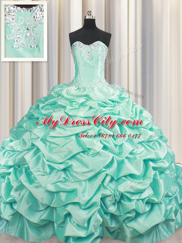 Edgy Brush Train Apple Green Ball Gowns Sweetheart Sleeveless Taffeta Floor Length Lace Up Beading and Pick Ups Sweet 16 Dresses