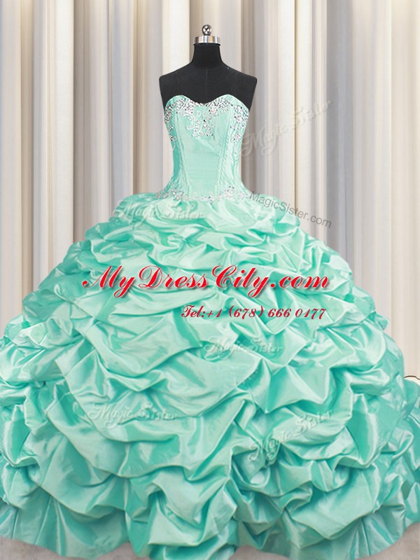 Edgy Brush Train Apple Green Ball Gowns Sweetheart Sleeveless Taffeta Floor Length Lace Up Beading and Pick Ups Sweet 16 Dresses