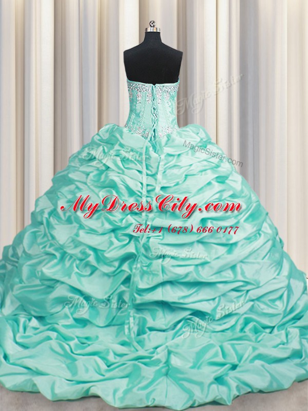 Edgy Brush Train Apple Green Ball Gowns Sweetheart Sleeveless Taffeta Floor Length Lace Up Beading and Pick Ups Sweet 16 Dresses